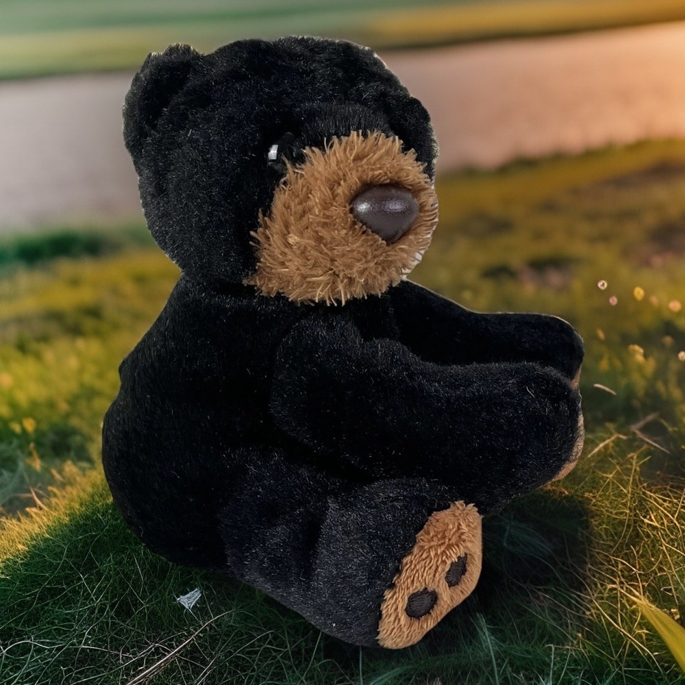 Aurora World Little Black Bear Plush Stuffed Animal Sitting Brown Paw Prints 5"